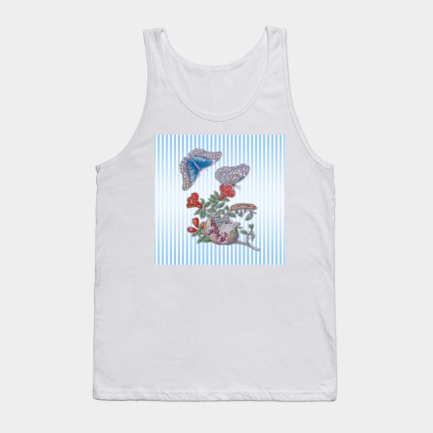 Blue Morpho Butterfly On Pomegranate Tank Top by BonniePhantasm